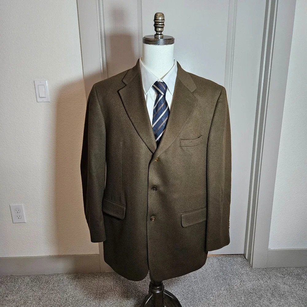 Bill Blass 44R 100% Cashmere Suit Blazer Jacket Sport Coat Men Dark‎ Olive Green